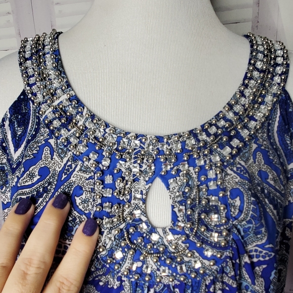 INC BLUE PAISLEY SIZE 0X 1X 2X EMBELLISHED TOP BLO - Picture 8 of 8
